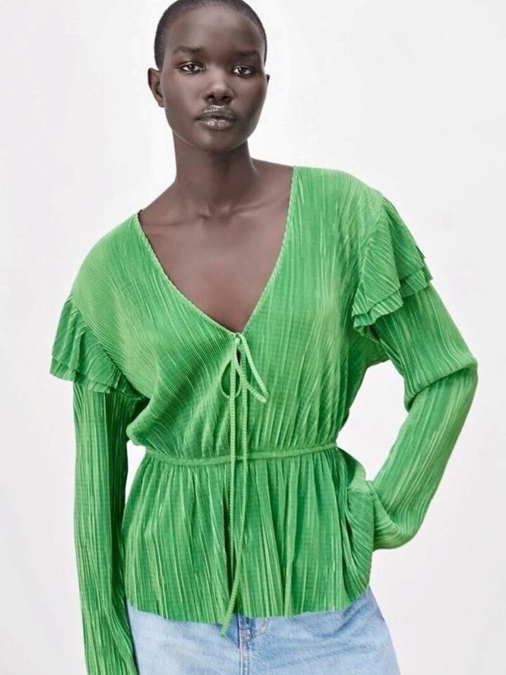 ZARA Plisse Ruffle Blouse Pleated Peplum Green Size Small